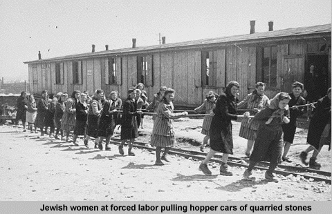 Holocaust female prisoners pulling a wagon.