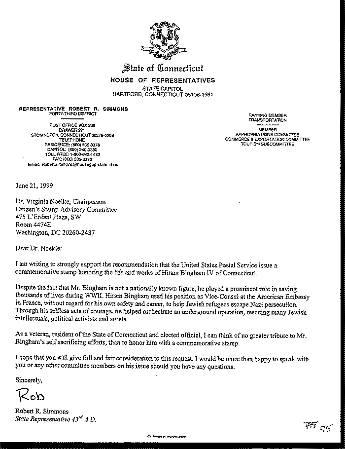 Letter from Representative Robert R. Simmons, CT