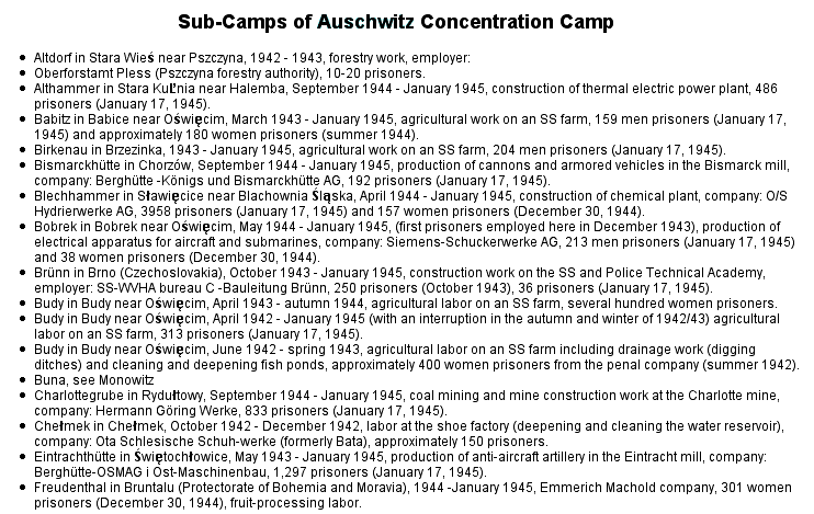 Auschwitz subcamps, Part I